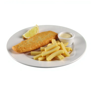 A white ceramic plate holds a serving of traditional fish and chips. The fish is battered and golden brown, placed on one side of the plate. Next to the fish, a generous portion of thick-cut fries is arranged, lightly seasoned and crisp. A wedge of fresh lemon sits on the plate, ready to be squeezed over the fish. A small, separate dish of creamy tartar sauce is placed next to the plate, ready for dipping. The overall presentation is appetizing and inviting.