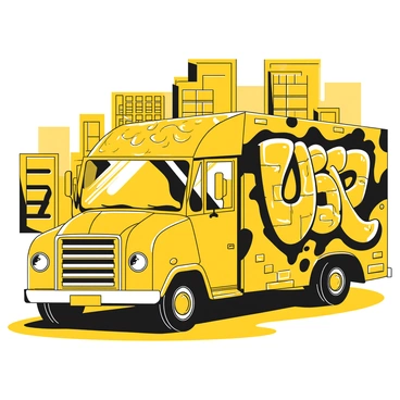 A truck with a textured surface covered in yellow and black graffiti art. The graffiti features intricate designs resembling bricks and elements of street art, showcasing various patterns and styles. The truck is parked on a city street, surrounded by urban buildings. The sunlight casts shadows on the truck, highlighting the details of the artwork.