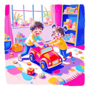 Two children are in a colorful playroom filled with vibrant toys scattered around. One child, a boy with messy brown hair, is pulling on a red toy car with a determined expression. The other child, a girl with pigtails and a bright yellow shirt, is holding onto the car with a frown, her eyes wide in surprise. Both children have exaggerated facial expressions showing their frustration. The walls of the playroom are painted in bright colors, and a soft rug with playful patterns lies beneath them. In the background, there are shelves filled with stuffed animals and board games.