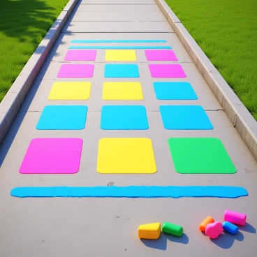 A sidewalk featuring a colorful hopscotch pattern drawn in chalk. The hopscotch layout consists of multiple squares in vibrant colors like pink, blue, yellow, and green. The surface of the sidewalk is gray concrete, slightly worn with occasional cracks. The chalk marks are fresh, displaying a playful design that invites children to play. Sunlight casts soft shadows on the ground, enhancing the visibility of the bright chalk colors. Nearby, a few scattered chalk pieces in matching colors lie next to the hopscotch pattern.