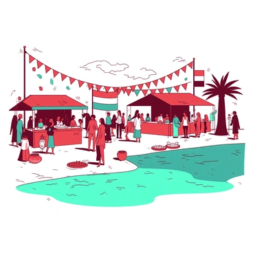 A vibrant cultural festival is taking place along the banks of the Jordan River. Festive decorations in various shapes and sizes are adorning the area, creating a lively atmosphere. Colorful banners in shades of red and teal are fluttering in the gentle breeze. People of different backgrounds are enjoying the festivities, some participating in traditional dances while others are sampling local foods from stalls set up along the riverbank. The water of the Jordan River reflects the bright colors of the scene, enhancing the cheerful ambiance of the festival.