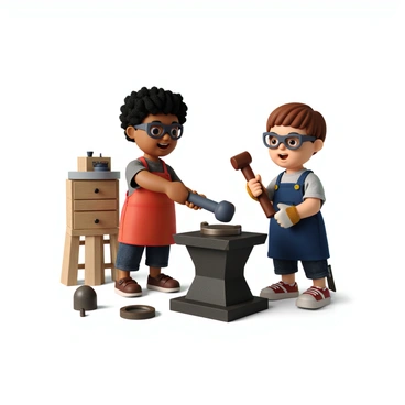 Two children, one with curly black hair and the other with straight brown hair, are engaged in a playful scene of blacksmithing. They are standing beside a small, child-sized anvil made of sturdy metal. The child with curly black hair is swinging a toy hammer down onto a piece of metal resting on the anvil, wearing a safety goggles and a bright red apron. The other child, with straight brown hair, is watching intently, holding a smaller toy hammer, wearing a blue apron and a pair of gloves. In the background, there are various tools and materials scattered about, adding to the atmosphere of their imaginative blacksmithing adventure.
