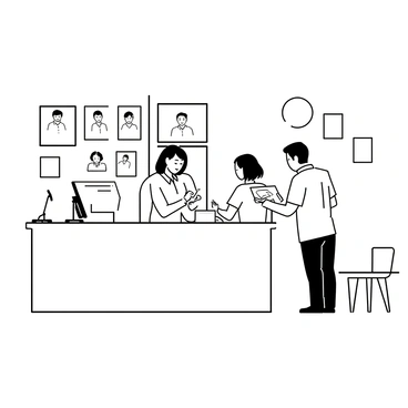 A reception area in a photo studio with a modern design. A large front desk is situated in the center, where a receptionist, a woman with short hair wearing a stylish blouse, is interacting with a client. The client, a man dressed in a casual shirt, is browsing through a portfolio of portrait images displayed on the desk. Behind the desk, there is a large wall adorned with various framed portraits. To the side, a comfortable seating area is visible, with a couple of chairs and a small coffee table. A bright and welcoming atmosphere fills the room, with soft lighting and neatly arranged decor.