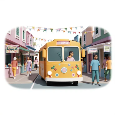 A yellow bus is driving through a vibrant cultural neighborhood. The bus is adorned with colorful patterns and artwork that reflect various cultures. On either side of the street, there are small shops with unique signs showcasing their offerings, such as handmade crafts, textiles, and traditional foods. The storefronts are decorated with flags and ornaments from different countries, creating a festive atmosphere. People of diverse backgrounds are walking along the sidewalks, engaging with the shopkeepers and enjoying the cultural displays. The scene is lively, filled with an array of colors and unique architectural styles that represent the richness of the community.