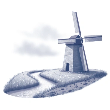 An old windmill near a field with rainwater flowing into a small creek
