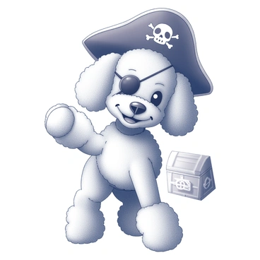 A poodle dressed as a pirate with an eye patch and hat
