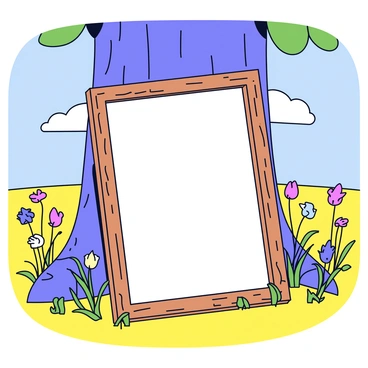 A picture frame with a wooden texture rests against a large tree trunk. The frame is empty, with a simple rectangular shape and ornate edges. Surrounding the tree are tall grasses and wildflowers in a variety of colors. The field extends into the distance, under a clear blue sky with a few fluffy white clouds. Sunlight casts gentle shadows from the tree onto the ground, creating a soft contrast.