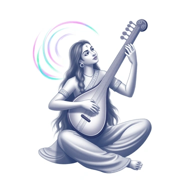 A figure of Saraswati is depicted seated gracefully, playing a veena. She has long flowing hair and wears a traditional garment adorned with intricate patterns. The veena is embellished with detailed carvings, resting in her lap as her fingers expertly strum the strings. Surrounding her, sound waves emanate from the instrument, illustrated as vibrant, swirling lines moving through the air, creating a sense of movement and rhythm in the space around her. The overall scene conveys a sense of harmony, with emphasis on the interaction between Saraswati and her music.
