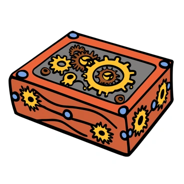 A steampunk-themed matchbox with intricate designs featuring gears and cogs in various bronze tones. The matchbox is rectangular with a textured surface, adorned with small rivets and metallic embellishments. Some gears are visible on the surface, while others are partially embedded within the structure, creating a sense of depth. The cogs vary in size, some large and others small, all exhibiting detailed craftsmanship. The overall color palette highlights warm, rich bronze tones, enhancing the mechanical aesthetic of the matchbox.