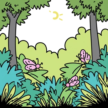 Cicadas with intricate wings, perched on vibrant green leaves, are scattered among the dense foliage of a tropical rainforest. Sunlight filters through the thick canopy above, casting dappled light on the various shades of green surrounding them. In the background, tall trees with broad leaves stand prominently, while smaller plants and ferns create a textured layer at the forest floor. The scene captures the lively atmosphere of this rich ecosystem, emphasizing the interaction between the cicadas and their lush habitat.