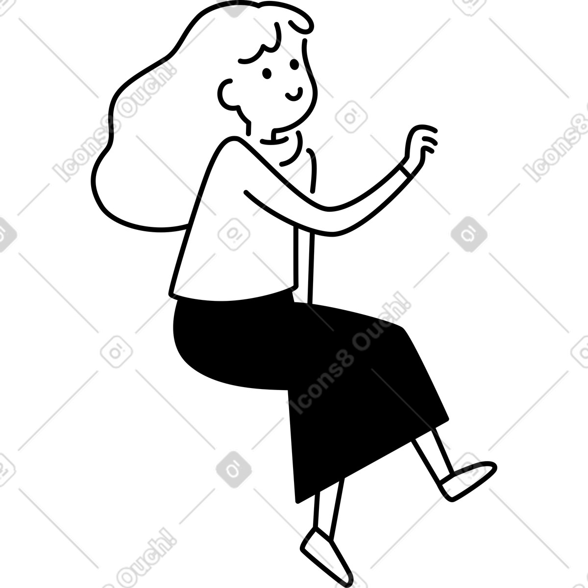 下载 Notion Line Art 风格的 Character sitting pose with raised hand and flowing hair silhouette 插画，支持 PNG、SVG 格式