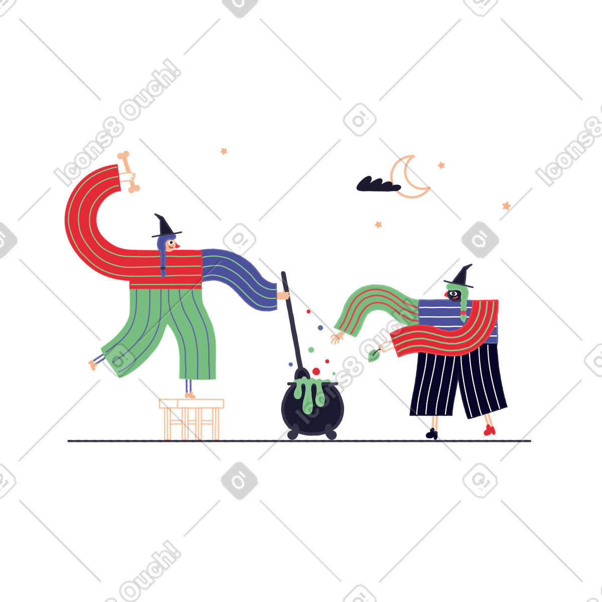 Illustration Les sorcières préparent des potions la nuit dans le style Stripy à télécharger aux formats PNG, SVG