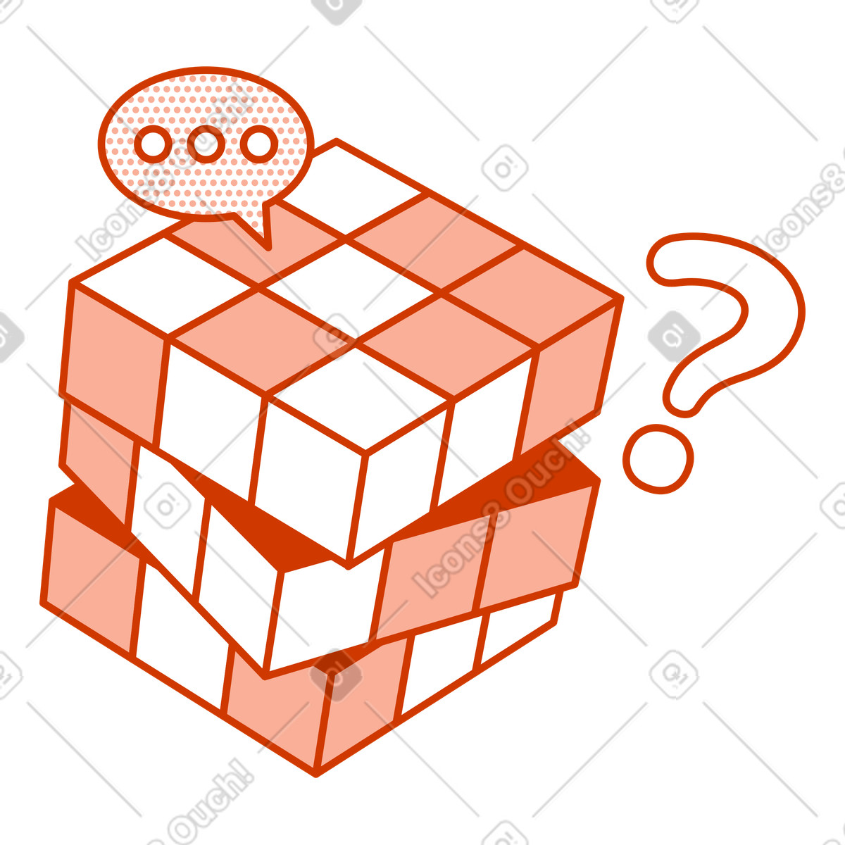 Unsolved Rubik's cube, speech bubble, and question mark, Critical thinking brainstorming illustration in Natty style download in PNG, SVG