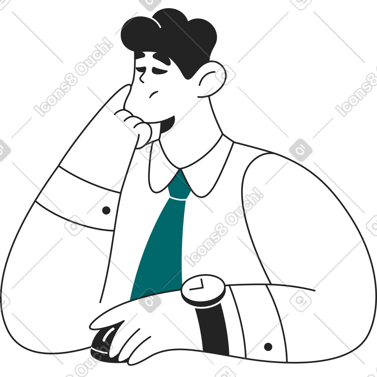 Uomo pensieroso con un mouse del computer illustrazione in stile Sammy Line scarica in PNG, SVG