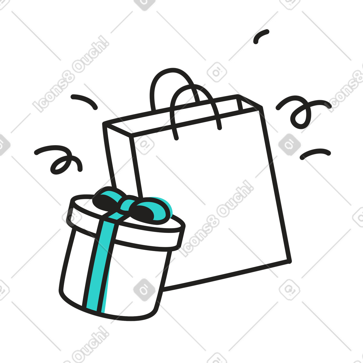 Shopping bag and a gift box with green ribbon illustration in Little style download in PNG, SVG