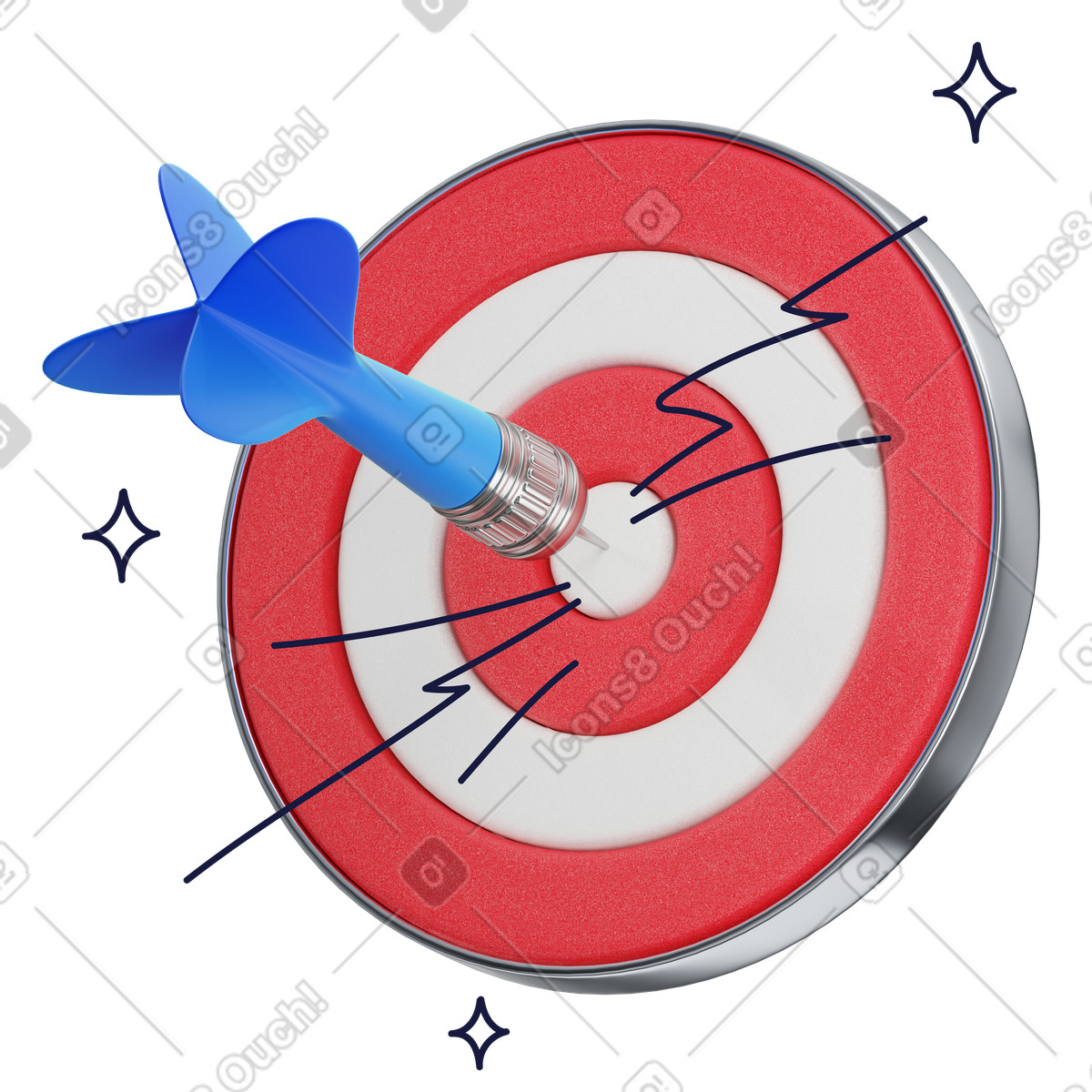 Illustration animée Dart hitting bullseye on target, business goal and marketing success dans le style 3D Surfaced à télécharger aux formats GIF, Lottie (JSON), AE