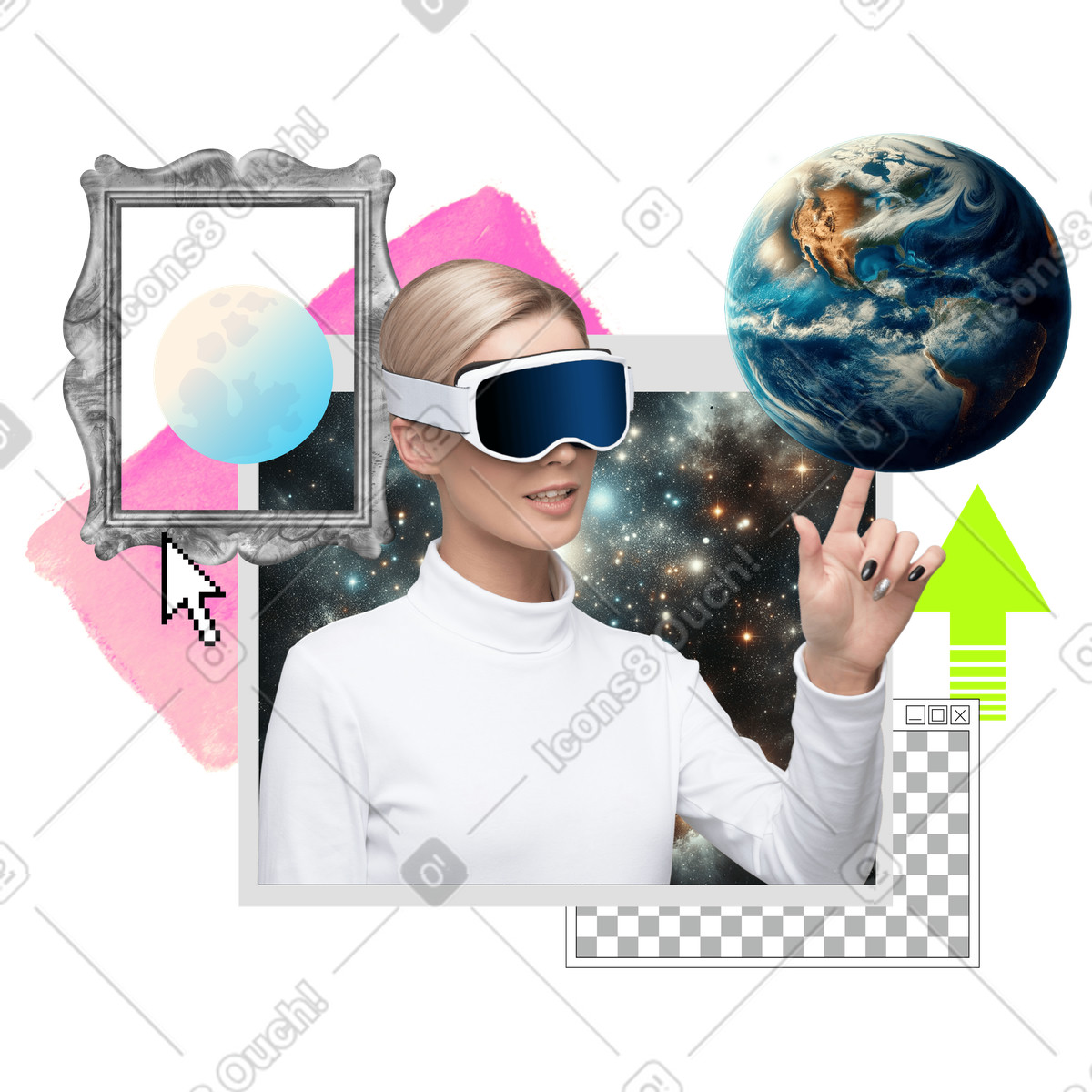 Illustration Femme explorant le métaverse et la réalité virtuelle dans style Jumble à télécharger aux formats PNG, SVG