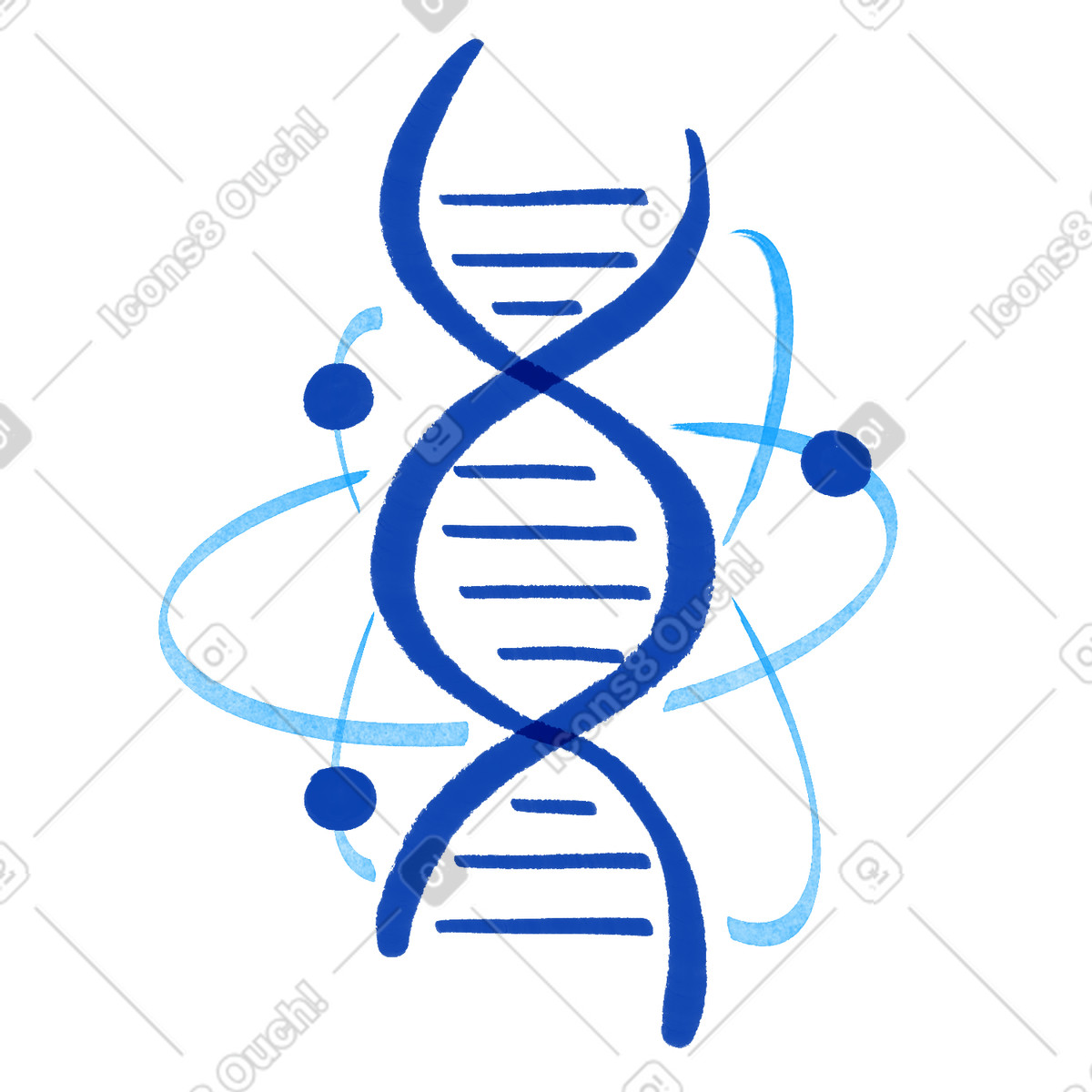Illustration Dna helix with orbiting electrons symbolizing genetics and atomic science dans le style Tint à télécharger aux formats PNG, SVG