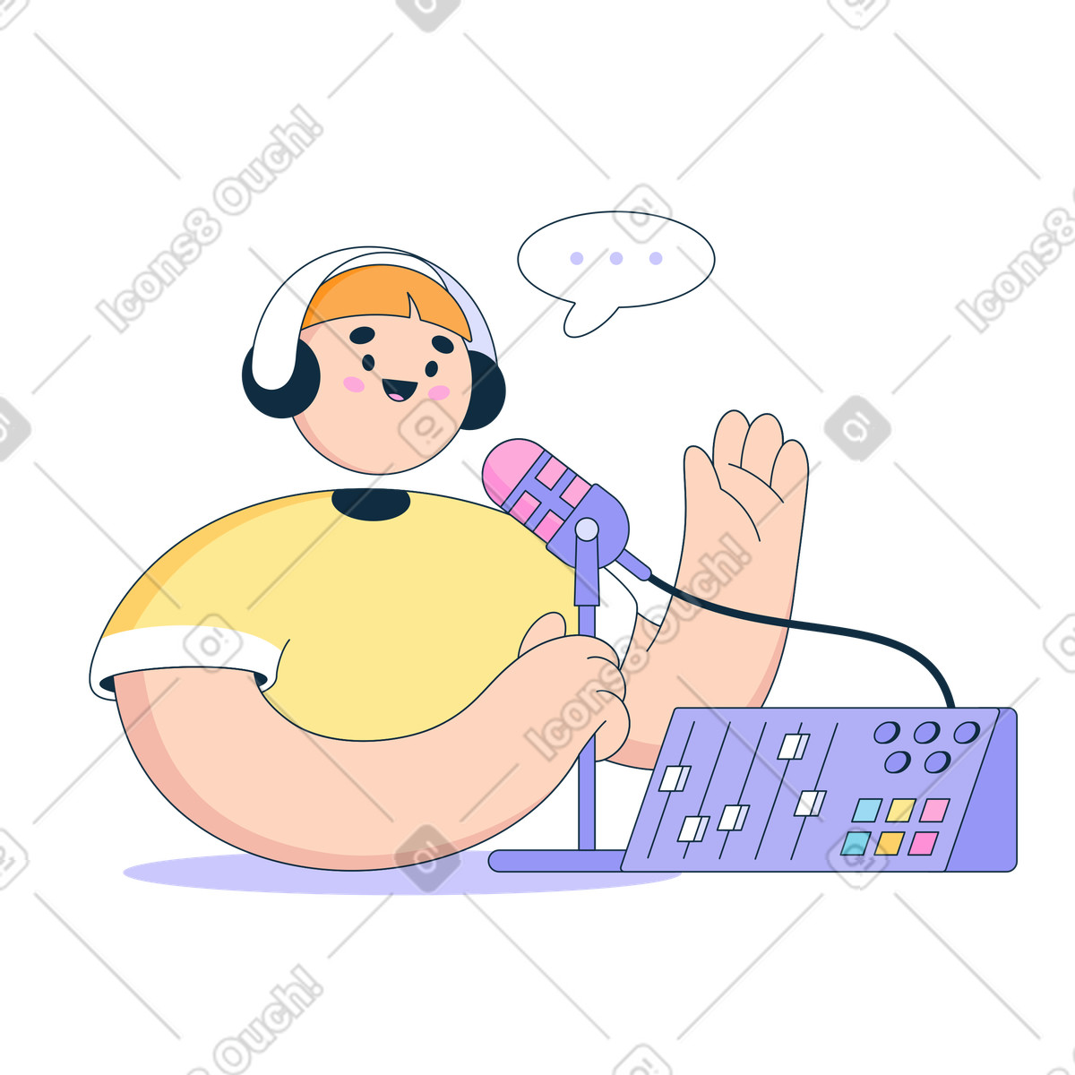 Bubble gum スタイルの エピソードを録画するポッドキャスト ホスト のイラストをPNG、SVG形式でダウンロード
