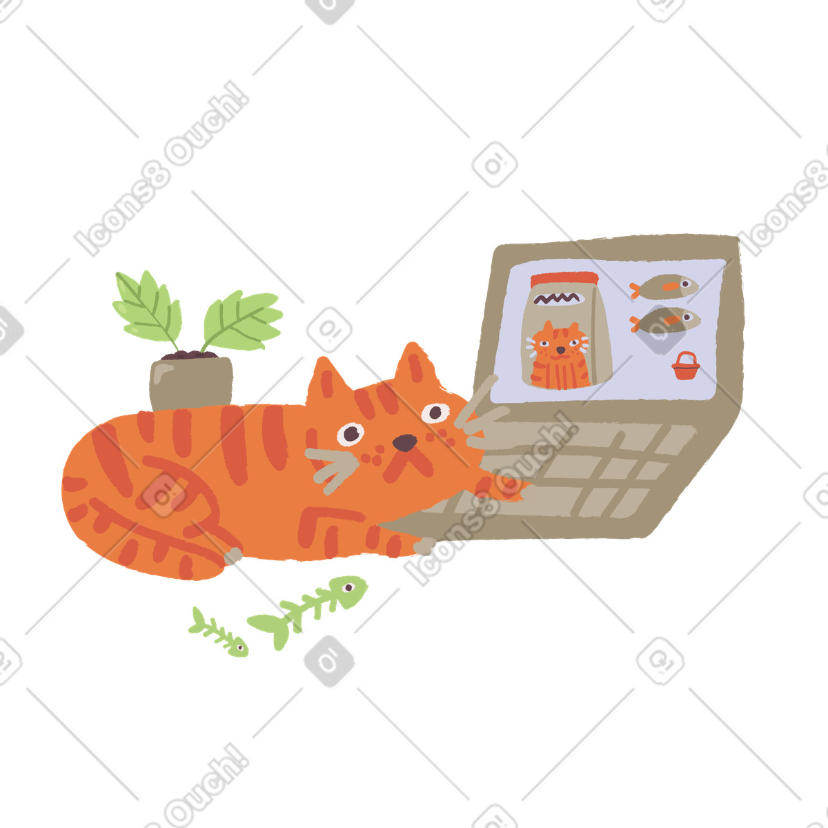 Cat ordering fish on laptop illustration in Ginger style download in PNG, SVG