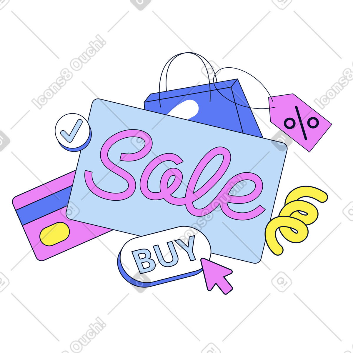 Shopping bag and sale sign, Online store discount promotion illustrazione in stile Flexy scarica in PNG, SVG