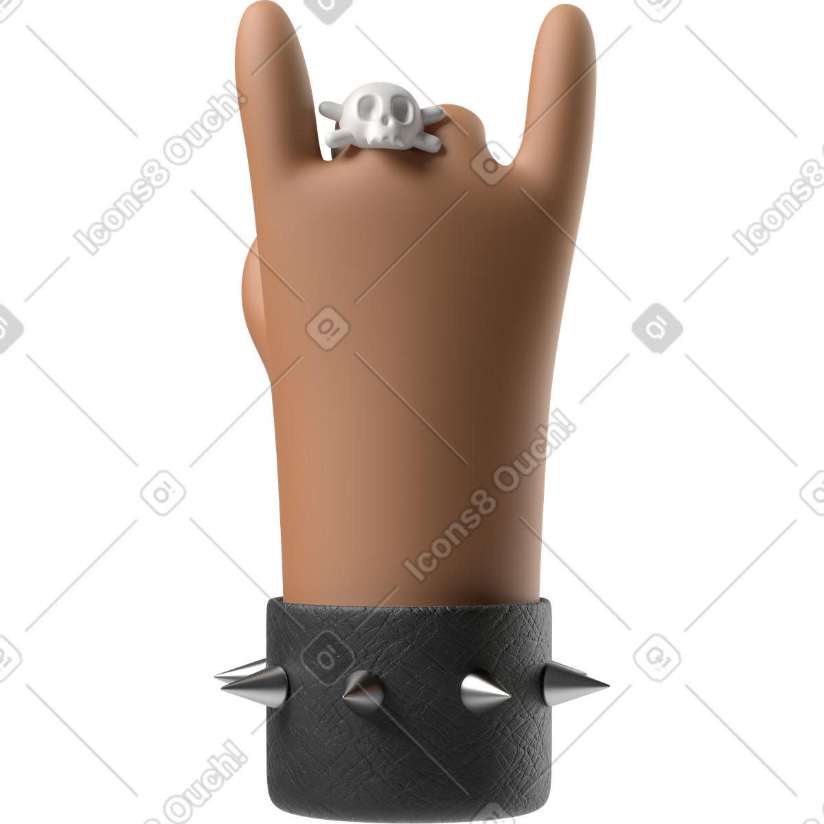 Ilustração de Mão pele morena do roqueiro com anel caveira mostrando sinal rock em no estilo 3D Hands Fun&Wild para baixar em PNG, SVG