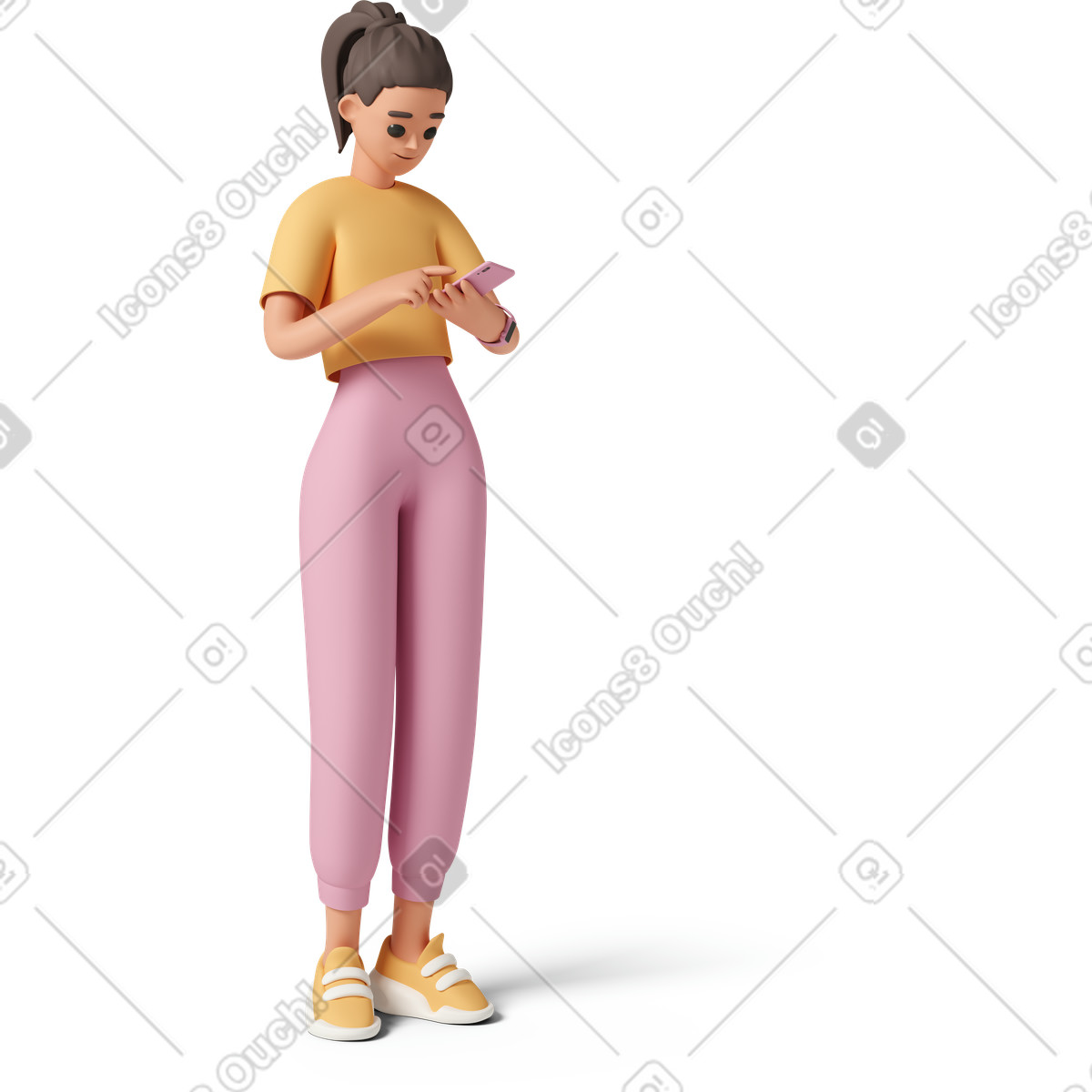 3D Casual life 스타일의 Young woman scrolling on her phone 일러스트레이션 PNG, SVG 다운로드