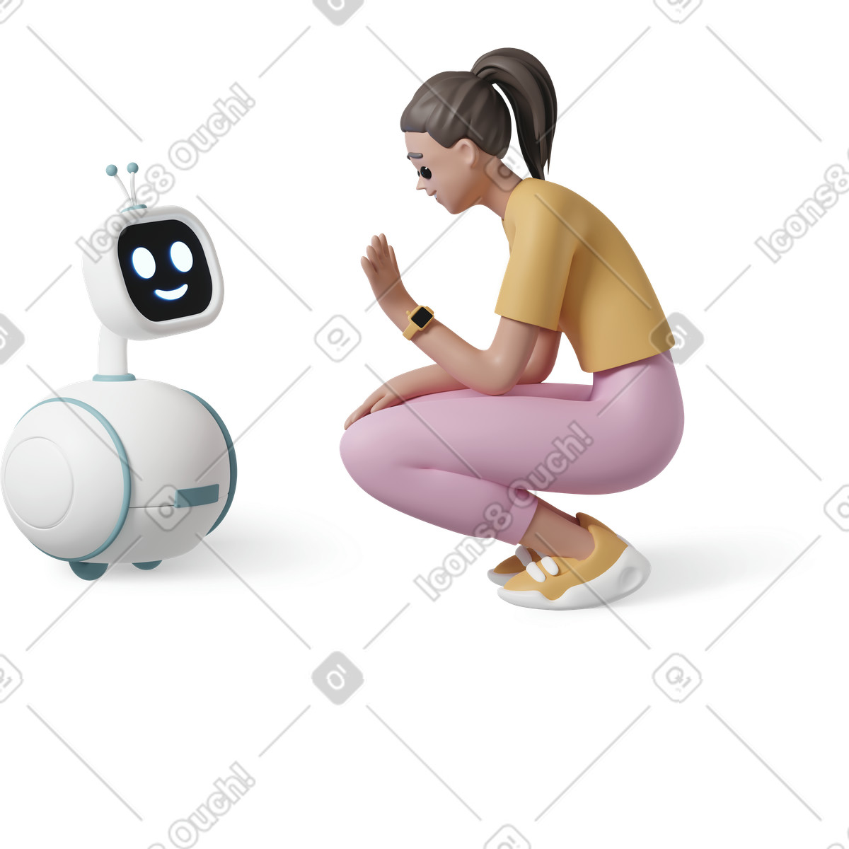 3D Casual life 스타일의 Side view of young woman sitting and waving at robot 일러스트레이션 PNG, SVG 다운로드