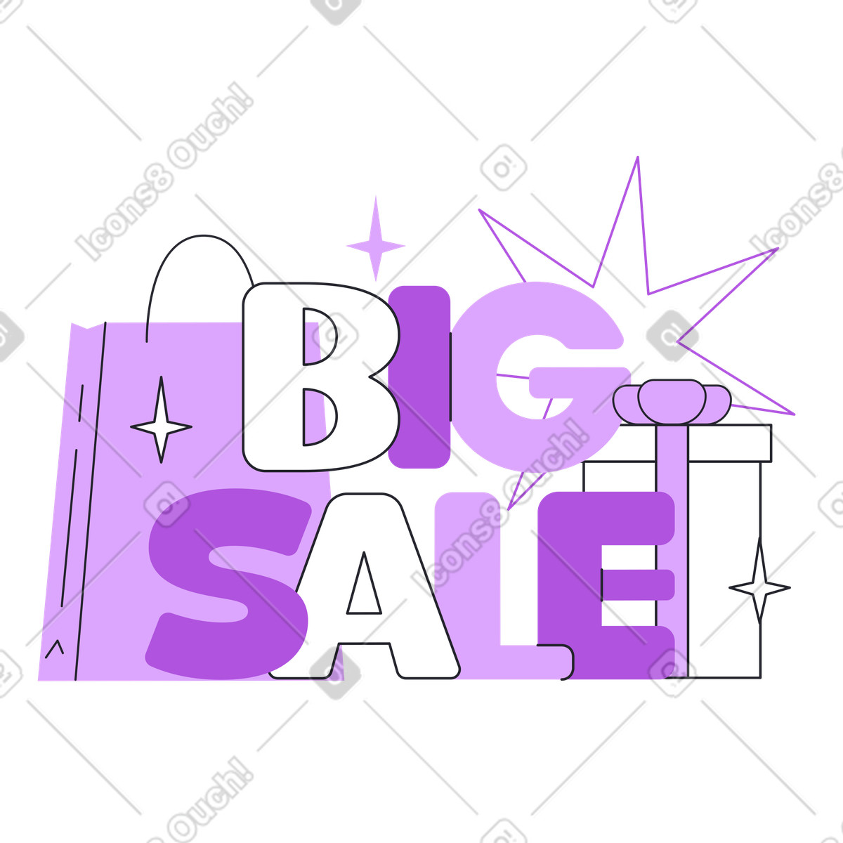 Illustration Big sale lettering with shopping bag and gift, Store discount advertisement dans le style Grapy à télécharger aux formats PNG, SVG