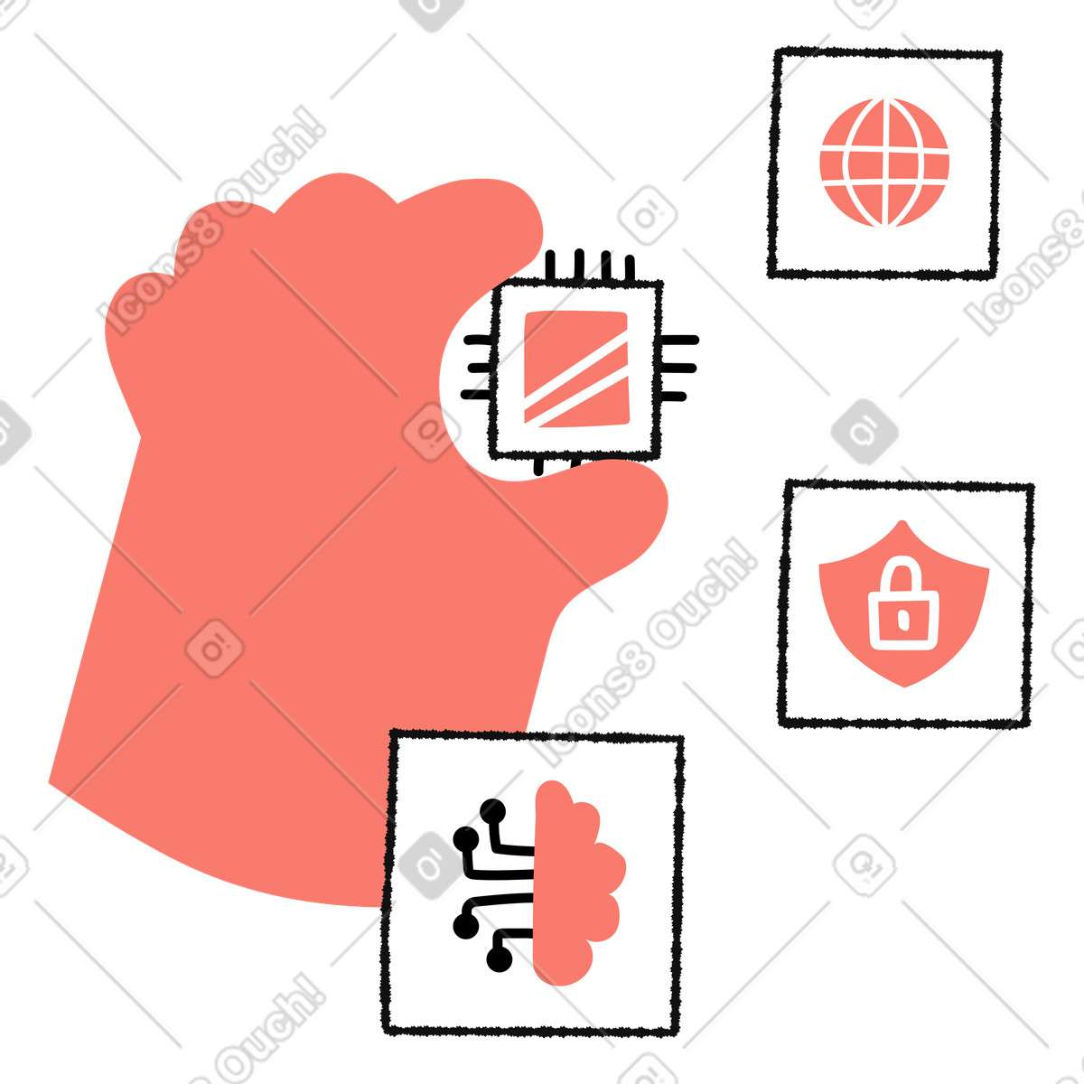 Ilustração de Processor held by hand integrating ai brain and secure internet em no estilo Bold People para baixar em PNG, SVG
