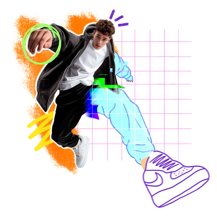 A young man in dynamic pose - Energy style illustration