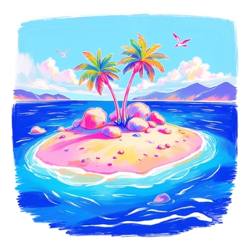 A deserted island is surrounded by bright blue ocean waters. The island features a sandy beach with gentle waves lapping at the shore. In the center of the island, lush green palm trees rise up against a clear sky. There are a few large boulders scattered around the beach. The sun casts soft shadows on the sand, highlighting the textures of the landscape. Seagulls can be seen flying above the water, adding life to the tranquil scene.