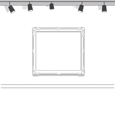 A white empty frame is hanging on a white wall in an art gallery. The frame is ornate, with intricate designs carved into its surface. Above the frame, there are two bright spotlights shining down, illuminating the frame and creating a stark contrast between the frame and the wall. The gallery floor is polished and reflects the light, adding to the clean and minimalist atmosphere of the space. There are no other artworks or objects in the vicinity, emphasizing the solitude of the empty frame.
