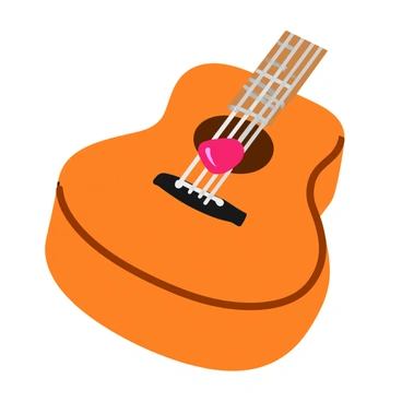 A red guitar pick caught between the strings of an acoustic guitar. The glossy surface of the pick reflects the soft light surrounding it. The guitar has a polished wooden body with intricate detailing along the edges. The strings are silver and glisten as they stretch above the soundhole. The soft light casts gentle shadows, highlighting the curves of the guitar's body and creating a warm ambiance.