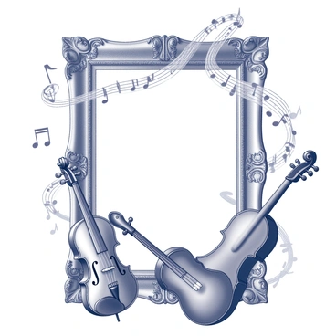 An ornate frame filled with a variety of swirling music notes. The frame includes several musical instruments, such as a violin, a trumpet, and a guitar, each artistically integrated into the design. The notes appear to dance around the instruments, creating a sense of movement and rhythm. The composition is intricate, with a balance of the instruments and notes that enhances the overall visual impact of the frame.