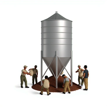 A group of workers with varying skin tones are busy filling a large, cylindrical silo with freshly harvested coffee beans. The silo is made of shiny, silver metal and stands tall in a rural setting. The coffee beans are rich brown in color and are being poured from burlap sacks that the workers are carrying. Each worker is dressed in casual, functional attire suitable for agricultural work, including hats to shield themselves from the sun. The scene is lively with some workers chatting while others focus on their tasks, creating a dynamic atmosphere in this coffee farming environment.