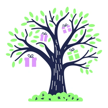 A large tree stands prominently, its trunk thick and robust, showcasing textured bark. The branches extend outward, filled with a variety of gifts instead of fruits. There are brightly wrapped boxes of different shapes and sizes, some with ribbons and bows, hanging delicately from the branches. Beneath the tree, the ground is covered with fallen leaves, creating a natural carpet. Soft, dappled light filters through the branches, highlighting the gifts and casting intricate shadows on the ground.