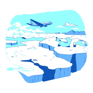 A blue airplane is flying high above a white vast Antarctic ice sheet, which stretches endlessly below. The ice sheet displays various textures, with gentle slopes and sharp crevasses. In the distance, there are formations of icebergs scattered across the frozen landscape, glistening under bright sunlight. The sky is clear, with a few sparse clouds floating by. The airplane is depicted as mid-flight, showcasing its wings extended and a trail of white vapor behind it.