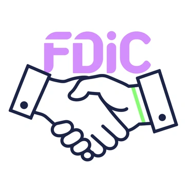 A close-up illustration of two hands engaged in a handshake, featuring distinct details such as the texture of the skin and the positioning of the fingers. The FDIC logo is clearly visible in the background, set against a simple backdrop to emphasize the handshake. The logo is placed above the hands, symbolizing trust and security between the individuals. The overall composition captures the moment of agreement, with a focus on the connection and confidence implied by the handshake.