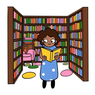 A girl with light skin and curly brown hair, wearing a blue dress with white polka dots, stands surrounded by towering bookshelves filled with colorful books. She has big eyes and an expression of curiosity as she flips through a large, open book in her hands. The library is cozy, with warm wooden shelves, soft lighting, and a few scattered pillows on the floor. In the background, there is a reading nook with a comfortable armchair and a small table piled with books. The atmosphere conveys a sense of wonder and discovery in the enchanting world of literature.