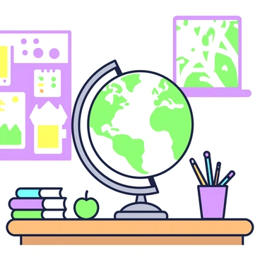 A globe is placed on a wooden teacher's desk in a classroom setting. The globe features detailed continents and a metallic base. The desk has books stacked on one side, a green apple next to the globe, and a purple pencil holder filled with writing utensils. In the background, there are colorful posters hanging on the walls and a window allowing light to enter, revealing a view of trees outside. A whiteboard is visible, with notes and drawings.