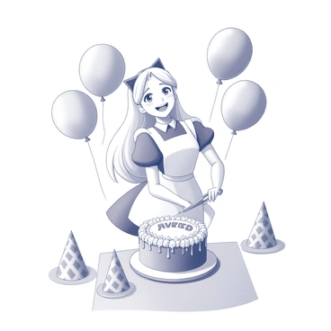 Alice is standing in a cheerful setting, surrounded by a variety of balloons floating in the air. The balloons are in different shapes and sizes, adding a festive atmosphere to the scene. In front of her is a large cake adorned with intricate frosting decorations, placed on a table. Alice has a joyful expression on her face as she prepares to cut the cake. There are also party hats scattered around, emphasizing the celebratory mood of the unbirthday party.