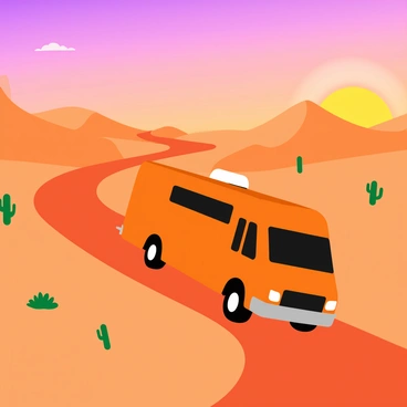 A large recreational vehicle with a bright exterior is driving along a winding dirt road in a vast desert landscape. The sky is filled with warm hues of orange, pink, and purple as the sun sets on the horizon. Sand dunes stretch out to the sides, their gentle curves highlighted by the fading light. A few scattered cacti are visible in the foreground, silhouetted against the colorful sky. The recreational vehicle kicks up a small cloud of dust behind it as it moves forward.