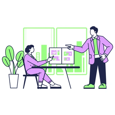 A client is seated at a modern conference table, reviewing a portfolio of illustrations. The portfolio is open in front of them, showcasing various colorful illustrations on its pages. Across from the client, an agency representative is standing, pointing to a specific illustration. The representative is wearing a tailored suit and has a confident expression. The background features a large window with a view of city buildings, and a potted plant is placed in the corner of the room.