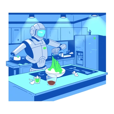 A blue high-tech kitchen features sleek stainless steel appliances and a large island counter. In the center, a silver robot with articulated arms is skillfully preparing a bowl of "cendol." The robot is pouring a vibrant green mixture of pandan-flavored jelly into a clear glass bowl, while a small container of brown palm sugar syrup sits beside it. There are also some ice shavings scattered around the bowl, creating a refreshing look. The kitchen has bright overhead lights illuminating the scene, emphasizing the modern, clean design.
