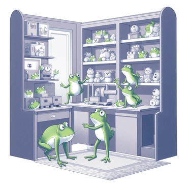 A Victorian toy shop filled with an assortment of toys displayed on wooden shelves. The shop is bustling with various frog children, their large round eyes filled with excitement as they gaze at the colorful toys. A group of frog children is gathered around a wooden train set, while others are pointing at a collection of stuffed animals on a nearby shelf. The shop is adorned with intricate woodwork and a warm ambiance, with soft lighting illuminating the scene. The floor is covered in a patterned rug, adding to the lively atmosphere of the shop.