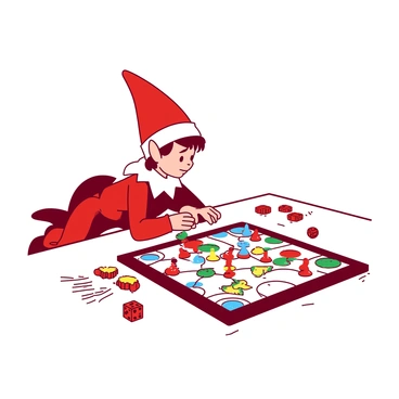 A red elf on the shelf is sitting on a white wooden table, intently focused on a colorful board game spread in front of him. The board game features various tiny game pieces in different shapes and colors, scattered across the board. The elf's small hands are positioned over a blue game piece, as if he is about to make a move. There are several other game pieces arranged in neat rows on the side, and a small red die rests next to them. The scene conveys the elf's playful engagement with the game.