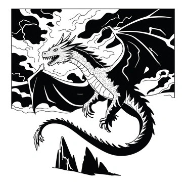 A gnarly dragon swooping down from a stormy sky