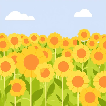 A vast field filled with bright yellow sunflowers, each bloom facing towards the sun. The sunflowers have large, round centers and vibrant petals. The sky above is clear blue, indicating a warm summer day. A few fluffy white clouds float gently in the background. The green leaves of the sunflowers are lush and plentiful, providing a rich contrast to the golden flowers.