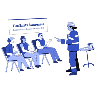 A firefighter stands in front of an audience at a community event, holding a smoke detector in one hand. The firefighter is wearing a uniform with reflective stripes and a helmet on their head. In the background, there is a banner displaying "Fire Safety Awareness." The audience is seated on folding chairs, listening intently, with some individuals taking notes. The firefighter points to the smoke detector, explaining its features, while a small table with additional fire safety materials is visible beside them.